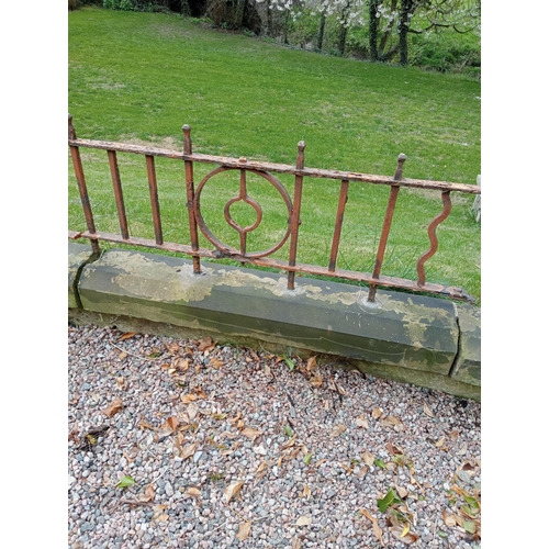 329 - Blacksmith wrought iron railings on sandstone base  {H 56cm x L 630cm x D 23cm}. (NOT AVAILABLE TO V... 