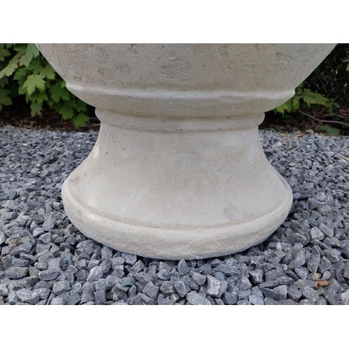 334 - Pair of moulded sandstone circular urns {74 cm H x 59 cm Dia.}.