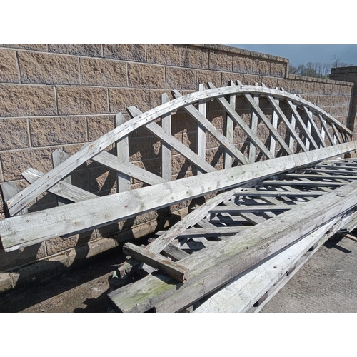 335 - Collection of four WWI Bi plane wooden hanger roof trusses {Each H 127cm x W 695cm x D 17cm}. (NOT A... 