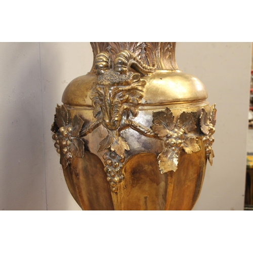 341 - Handmade Ceccarelli gold Italian ceramic urn on base decorated with grapes and rams head {H 210cm x ... 