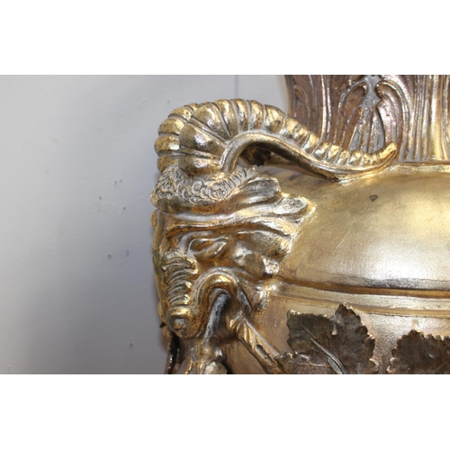 341 - Handmade Ceccarelli gold Italian ceramic urn on base decorated with grapes and rams head {H 210cm x ... 