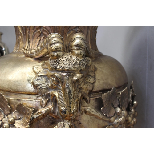 341 - Handmade Ceccarelli gold Italian ceramic urn on base decorated with grapes and rams head {H 210cm x ... 