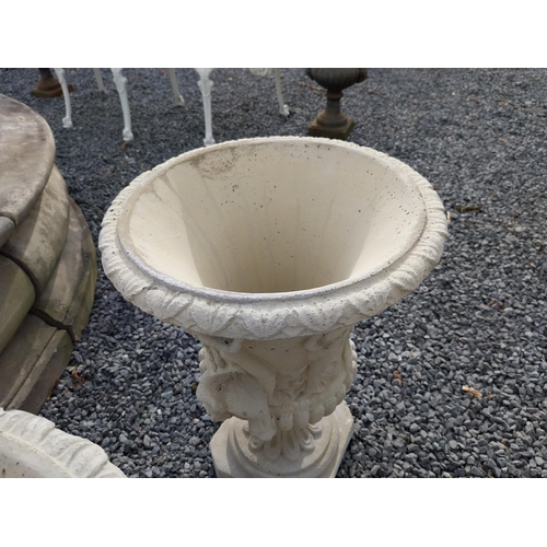 346 - Pair of good quality moulded sandstone Grecian urns {57 cm H x 39 cm Dia.}.