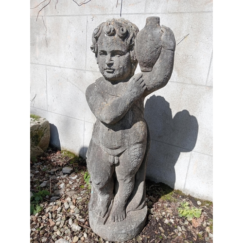 351 - Stone statue of a Boy holding jug {H 82cm x W 35cm x D 25cm }. (NOT AVAILABLE TO VIEW IN PERSON)