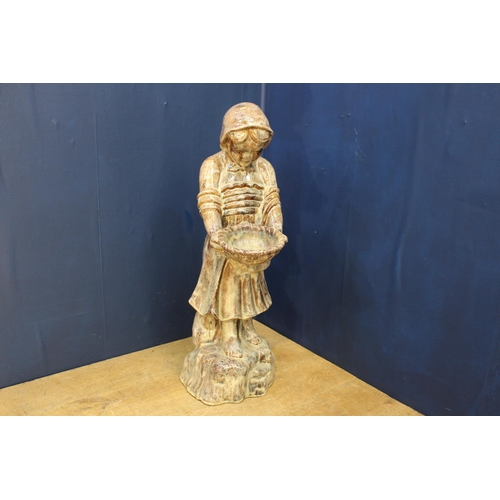 355 - Salt glazed statue of a Girl holding bowl {H 90cm x W 31cm x D 36cm }.