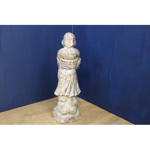 355 - Salt glazed statue of a Girl holding bowl {H 90cm x W 31cm x D 36cm }.