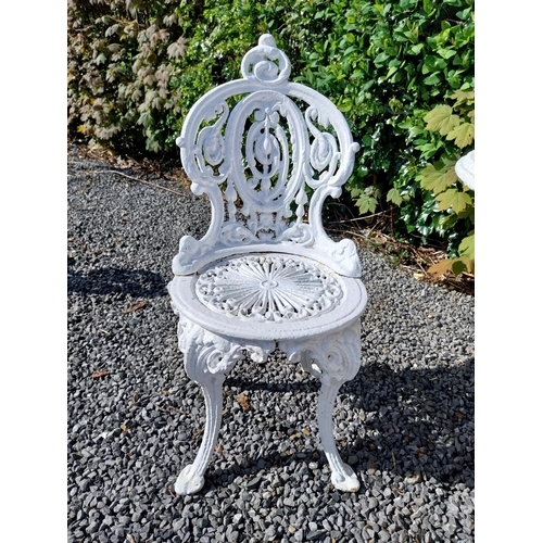 36 - 19th C. cast iron garden table with three matching chairs {Tbl. 68 cm H x 59 cm Dia. and Chairs 83 c... 