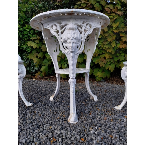 36 - 19th C. cast iron garden table with three matching chairs {Tbl. 68 cm H x 59 cm Dia. and Chairs 83 c... 