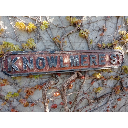 361 - Cast iron Street sign Knowlmere St {H 18cm x W 106cm }. (NOT AVAILABLE TO VIEW IN PERSON)