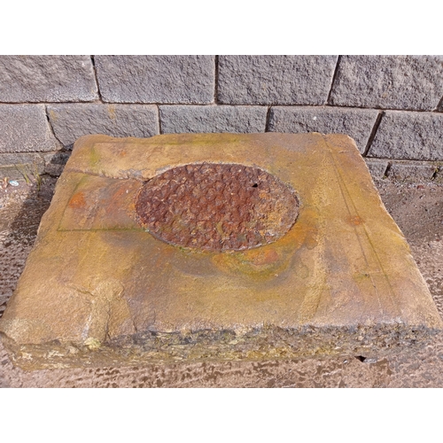 363 - Reclaimed large sandstone drain with original cast drain cover {H 22cm x W 110cm x D 84cm }. (NOT AV... 