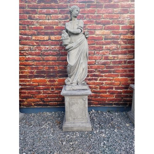 364 - Good quality moulded sandstone Four Seasons statues raised on pedestals {189 cm H x 47 cm W x 47 cm ... 