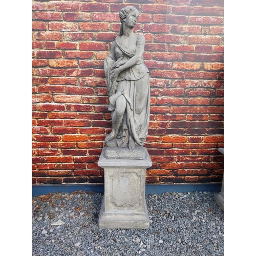 364 - Good quality moulded sandstone Four Seasons statues raised on pedestals {189 cm H x 47 cm W x 47 cm ... 