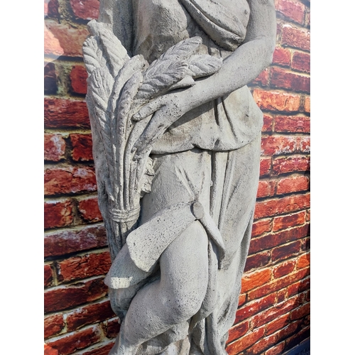 364 - Good quality moulded sandstone Four Seasons statues raised on pedestals {189 cm H x 47 cm W x 47 cm ... 