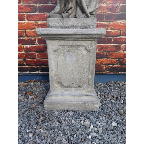 364 - Good quality moulded sandstone Four Seasons statues raised on pedestals {189 cm H x 47 cm W x 47 cm ... 