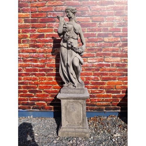 364 - Good quality moulded sandstone Four Seasons statues raised on pedestals {189 cm H x 47 cm W x 47 cm ... 