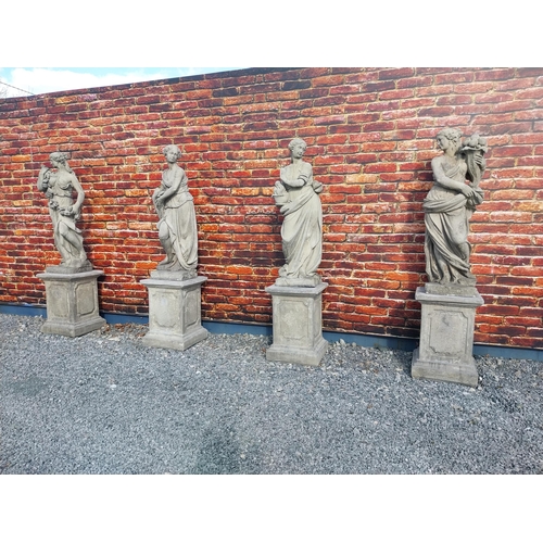 364 - Good quality moulded sandstone Four Seasons statues raised on pedestals {189 cm H x 47 cm W x 47 cm ... 