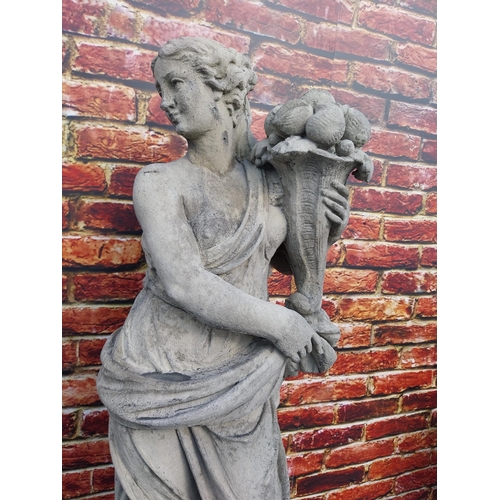 364 - Good quality moulded sandstone Four Seasons statues raised on pedestals {189 cm H x 47 cm W x 47 cm ... 