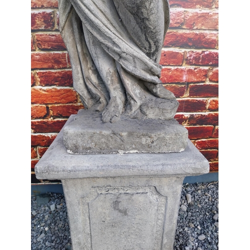 364 - Good quality moulded sandstone Four Seasons statues raised on pedestals {189 cm H x 47 cm W x 47 cm ... 