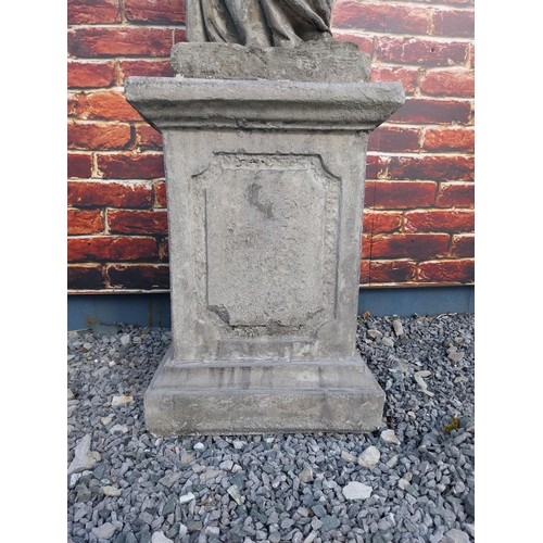 364 - Good quality moulded sandstone Four Seasons statues raised on pedestals {189 cm H x 47 cm W x 47 cm ... 