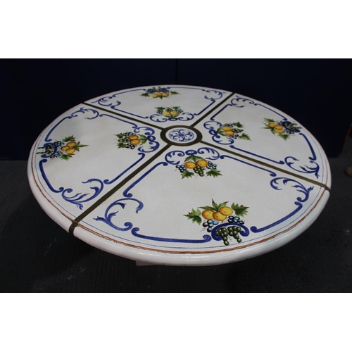 367 - Italian handmade hand-painted floral design circular garden table with brass inlaid{H 75cm x D 154cm... 