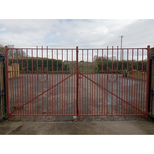 369 - Pair of forged wrought iron riveted entrance gates {H 220cm x W 463cm x D 6cm}. (NOT AVAILABLE TO VI... 