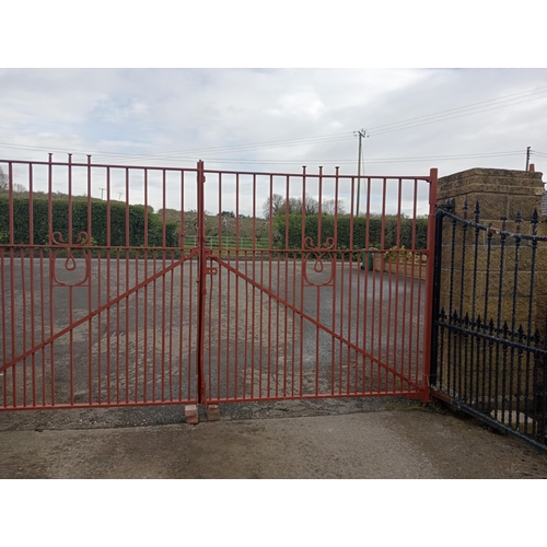 369 - Pair of forged wrought iron riveted entrance gates {H 220cm x W 463cm x D 6cm}. (NOT AVAILABLE TO VI... 