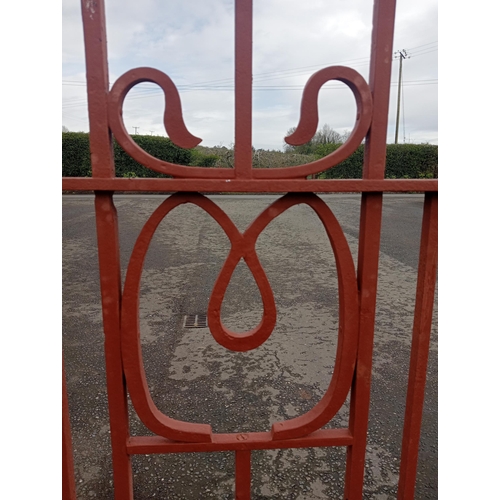 369 - Pair of forged wrought iron riveted entrance gates {H 220cm x W 463cm x D 6cm}. (NOT AVAILABLE TO VI... 