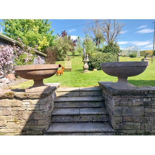 370 - Pair of good quality hand carved limestone urns in the Georgian style {48 cm H x 80 cm Dia.}.