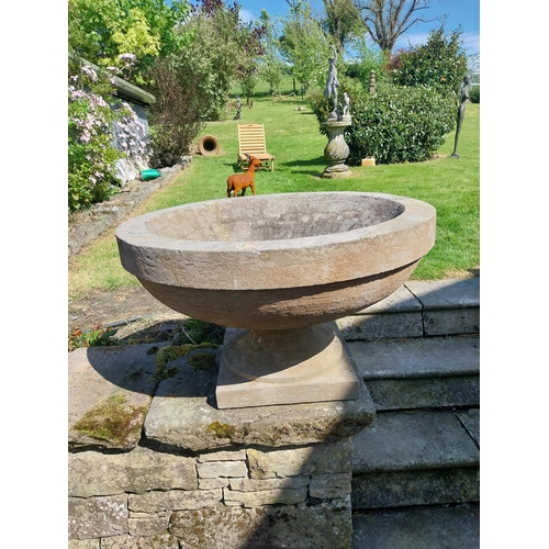 370 - Pair of good quality hand carved limestone urns in the Georgian style {48 cm H x 80 cm Dia.}.