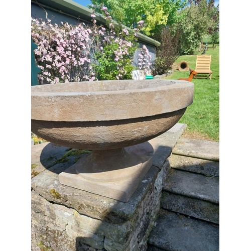 370 - Pair of good quality hand carved limestone urns in the Georgian style {48 cm H x 80 cm Dia.}.