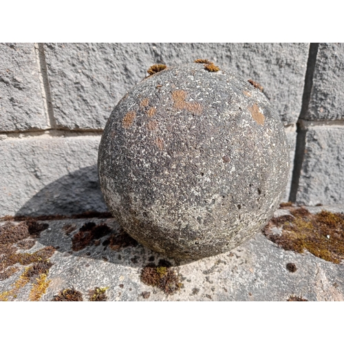 378 - Pair of composition stone wall finials with sphere tops {H 40cm x W 90cm x D 35cm }. (NOT AVAILABLE ... 