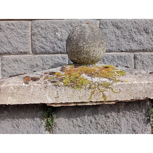 378 - Pair of composition stone wall finials with sphere tops {H 40cm x W 90cm x D 35cm }. (NOT AVAILABLE ... 