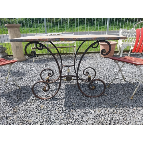 380 - Good quality wrought iron and brass butchers table with marble top {76 cm H x 120 cm W x 60 cm D}.