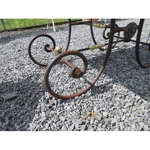 380 - Good quality wrought iron and brass butchers table with marble top {76 cm H x 120 cm W x 60 cm D}.