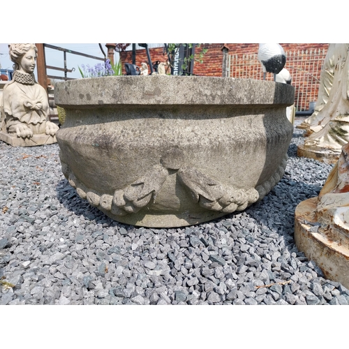 386 - Good quality carved sandstone planter decorated with swags {37 cm H x 80 cm W x 61 cm D}.