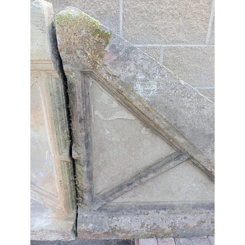 390 - Pair of large stone triangular heads {H 116cm x W 270cm x D 17cm }. (NOT AVAILABLE TO VIEW IN PERSON... 