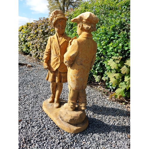 392 - Moulded stone statue of Boy and Girl {125 cm H x 71 cm W  x 31 cm D}.