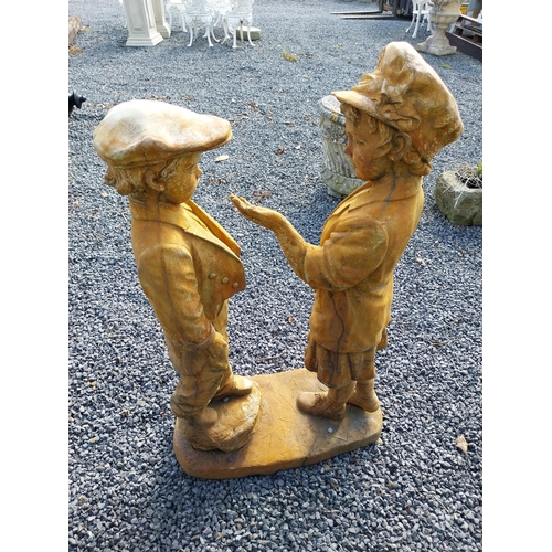 392 - Moulded stone statue of Boy and Girl {125 cm H x 71 cm W  x 31 cm D}.