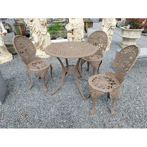 402 - Cast aluminium garden table with three matching chairs {Tbl. 71 cm H x 75 cm Dia. and Chairs 86 cm H... 