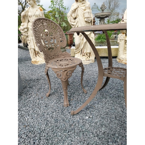 402 - Cast aluminium garden table with three matching chairs {Tbl. 71 cm H x 75 cm Dia. and Chairs 86 cm H... 