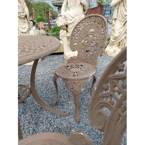 402 - Cast aluminium garden table with three matching chairs {Tbl. 71 cm H x 75 cm Dia. and Chairs 86 cm H... 