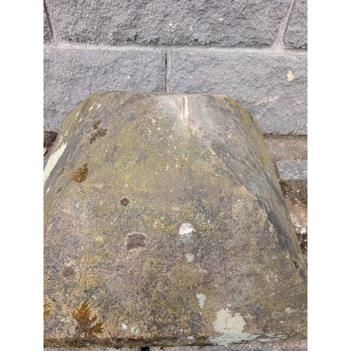 417 - Pair of dome top composition stone pier caps {H 14cm x 47 x 47 }. (NOT AVAILABLE TO VIEW IN PERSON)