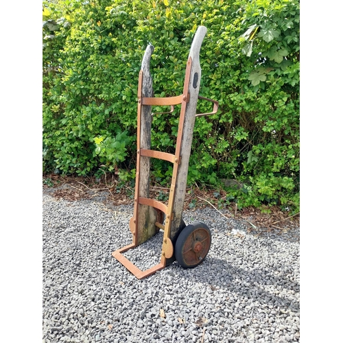 420 - Early 20th C. wrought iron and wooden sack barrow {114 cm H x 44 cm W x 44 cm D}.