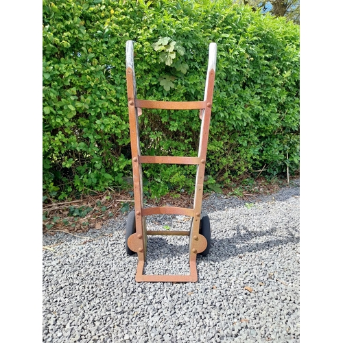 420 - Early 20th C. wrought iron and wooden sack barrow {114 cm H x 44 cm W x 44 cm D}.