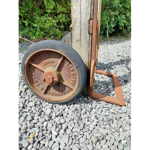 420 - Early 20th C. wrought iron and wooden sack barrow {114 cm H x 44 cm W x 44 cm D}.