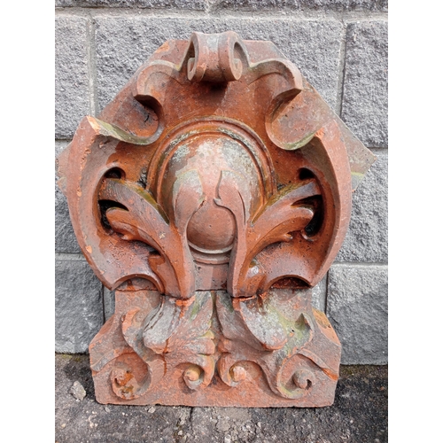 43 - Terracotta wall frieze with scroll design {H 62cm x W 48cm x D 21cm }.