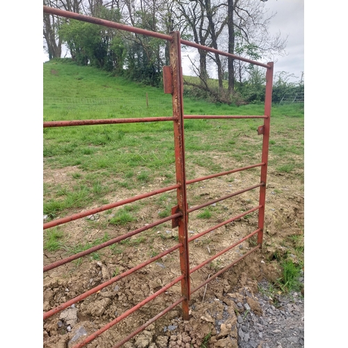 430 - Two panels of wrought iron estate railing and gate {136 cm H x 785 cm overall length}.