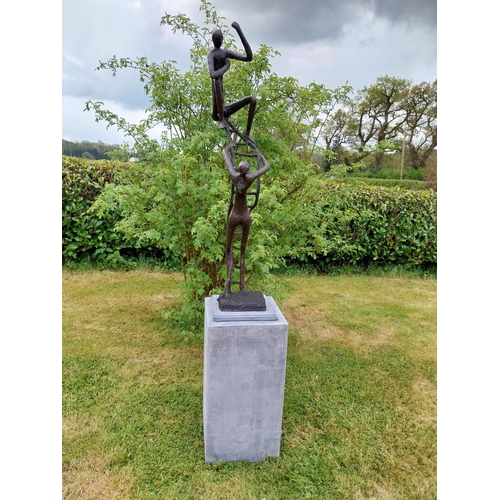 440 - Exceptional quality contemporary bronze sculpture 'The Rope Climbing Acrobats' raised on slate plint... 