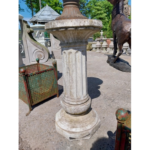 446 - Decorative French cast iron urn raised on moulded stone pedestal {144 cm H x 47 cm Dia.}.