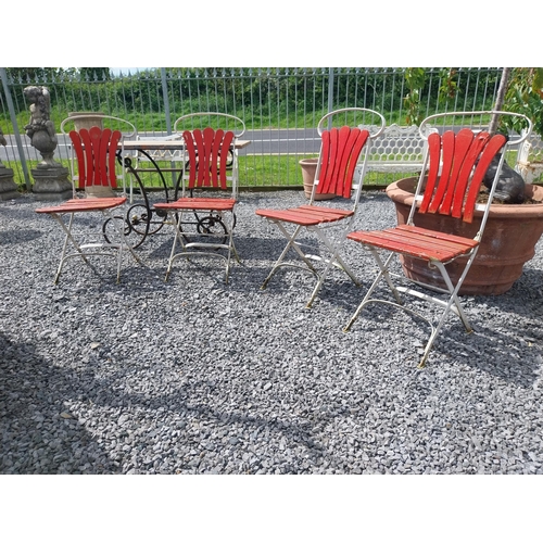 450 - Set of four early 20th C. wrought iron folding garden chairs with wooden slats {90 cm H x 44 cm W x ... 